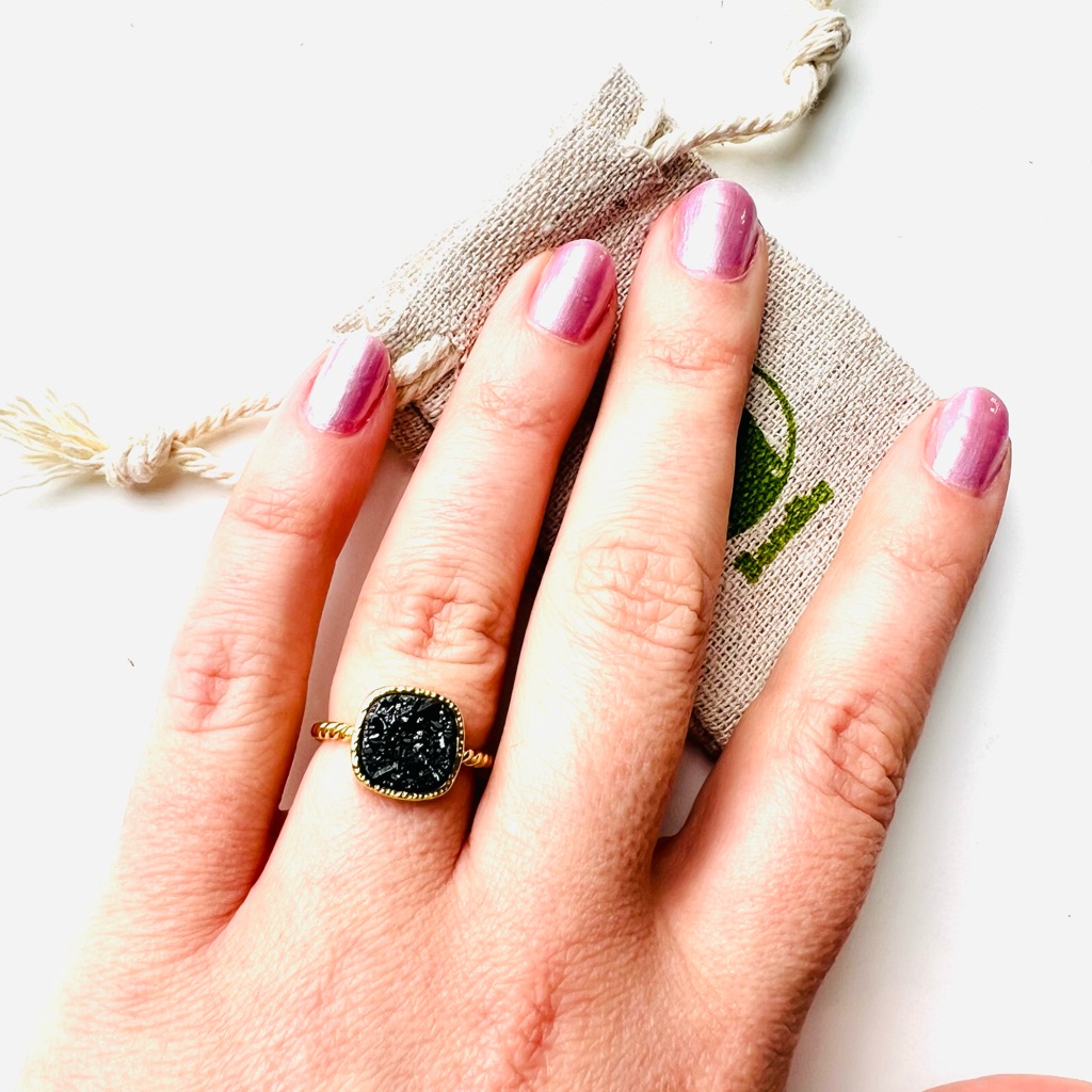 Black Druzy Crystal 24k Gold Ring Princess Cut